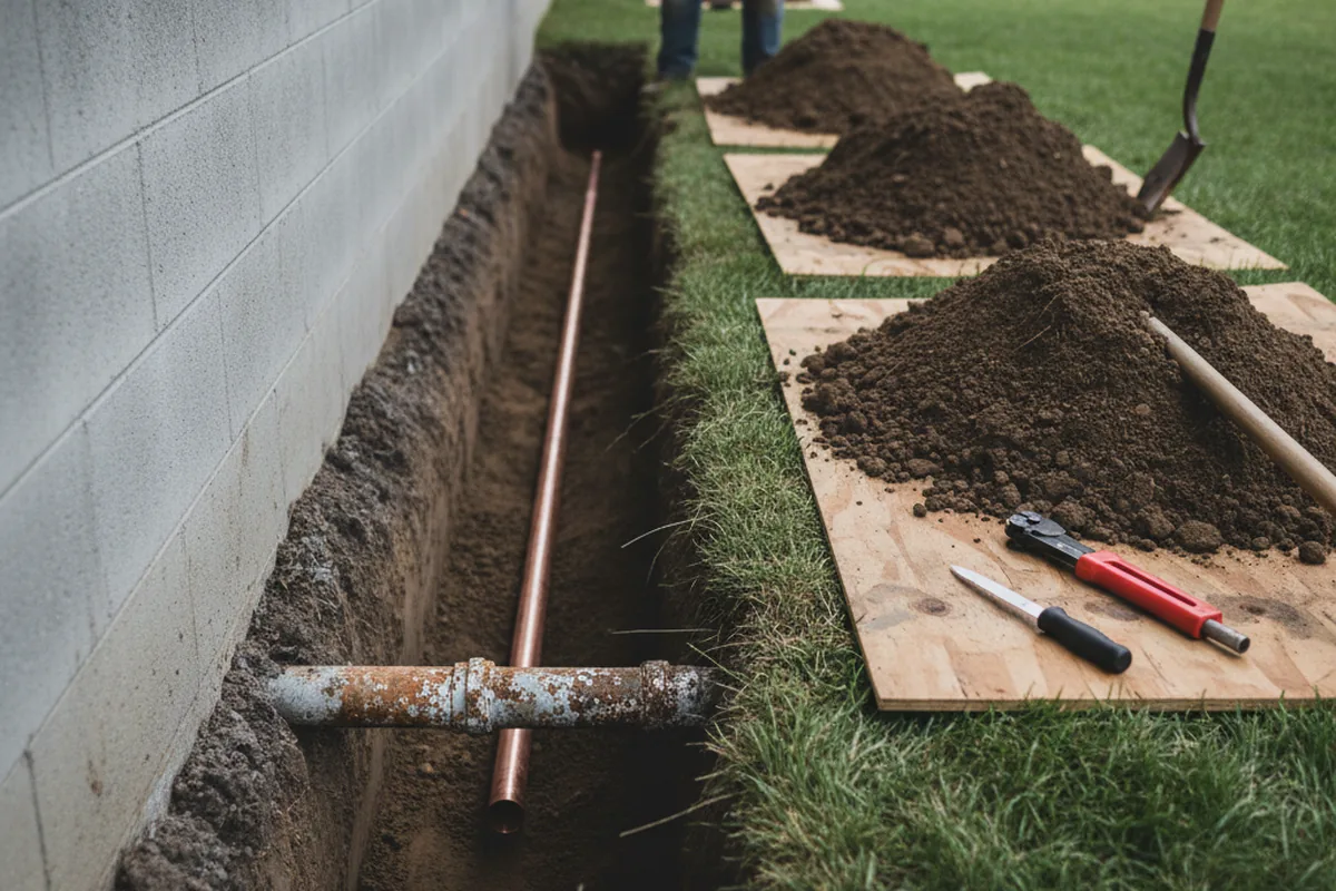 Excavated water line trench during Water Softener Installation in Grandview